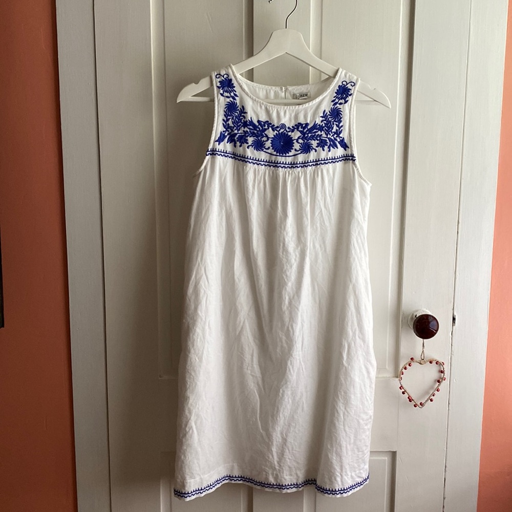 JCREW embroidered linen/cotton shift dress XXS EUC